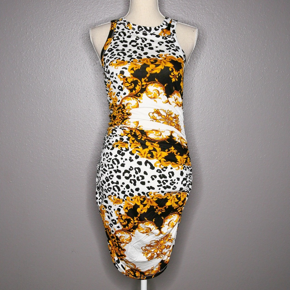 Black White Gold Leopard Print Scrunch Dress High Neckline Ruched